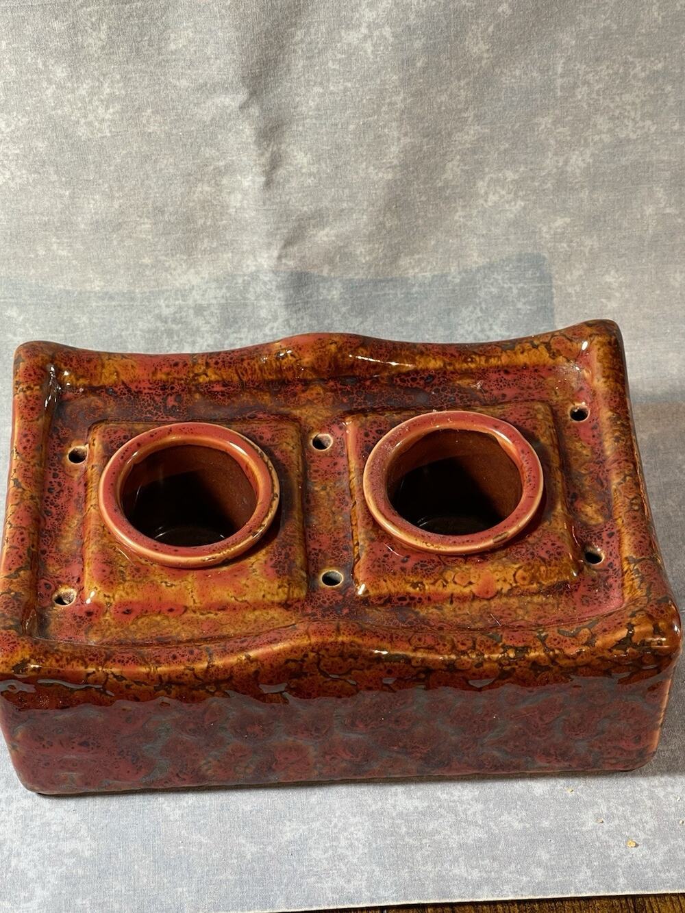 Glazed Ceramic Firepot with Two Fuel Gel Reservoirs, Reddish Brown